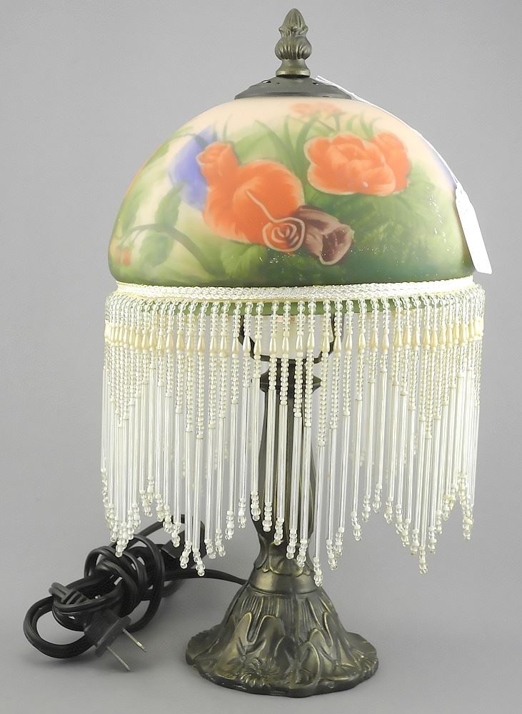 Cast Metal Table Lamp with Reverse Decorated Fringed Shade.: Cast Metal Table Lamp with Reverse Decorated Fringed Shade.