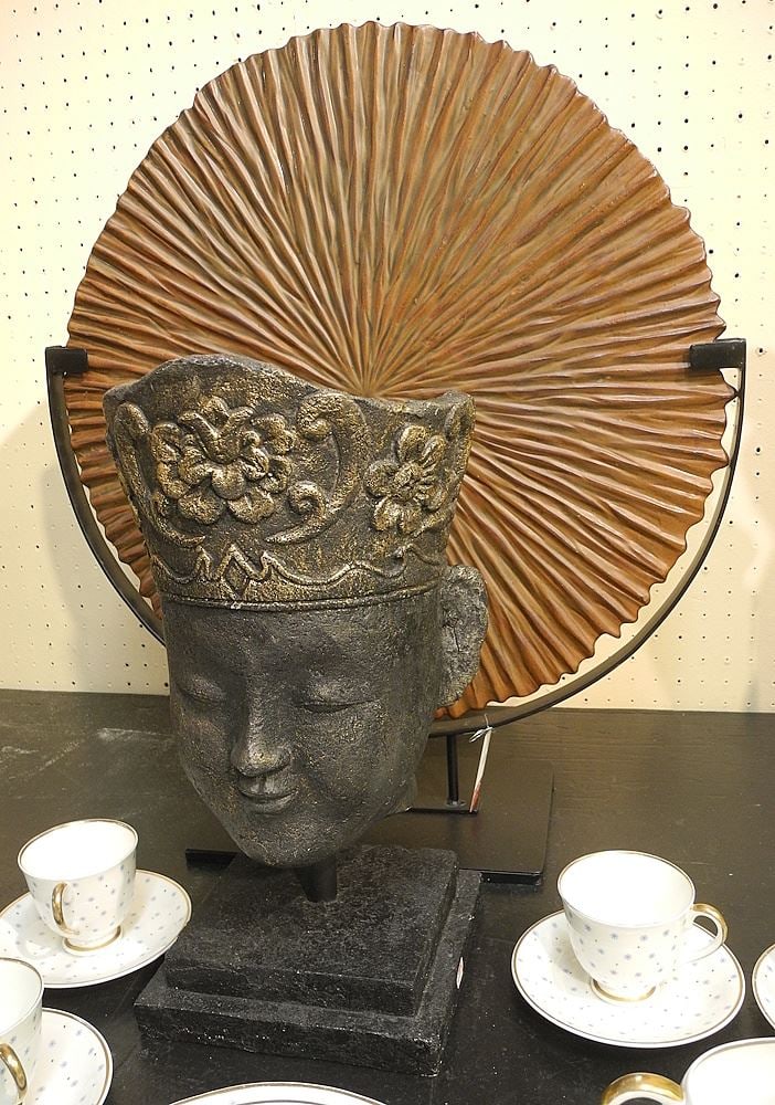 Ornamental Kwanyin Bust (16 1/2"h) & Sun Disc on Stand, 22 1/2" Diameter.: Ornamental Kwanyin Bust (16 1/2"h) & Sun Disc on Stand, 22 1/2" Diameter.