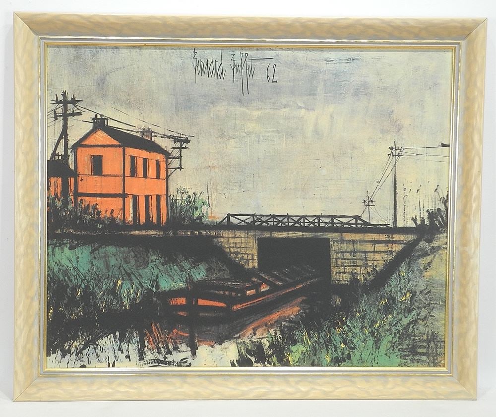 Lithograph on Masonite by Bernard Buffet, 18 3/4 x 23 1/2", "Kanalew Ved Meuse".: Lithograph on Masonite by Bernard Buffet, 18 3/4 x 23 1/2", "Kanalew Ved Meuse".