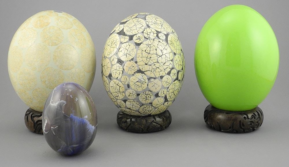 Four Egg Shaped Objects: D. Mitchell /Avoova/Green with 3 Stands, 3 1/4 - 6 1/2"h. (1 of 4)