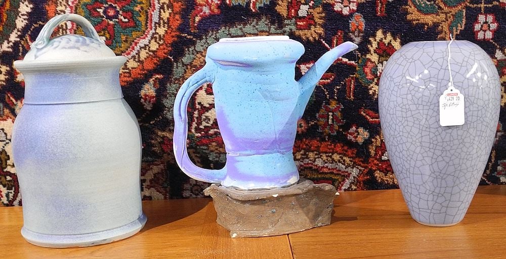 Stoneware Crackle Vase signed (Terry) Ryals (9 3/4"h) & Two Other Pottery Vessels (as found) (1 of 1)