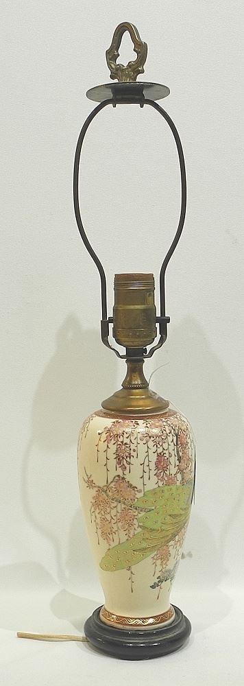 Satsuma Lamp with Peacock, TH 19.5".: Satsuma Lamp with Peacock, TH 19.5".