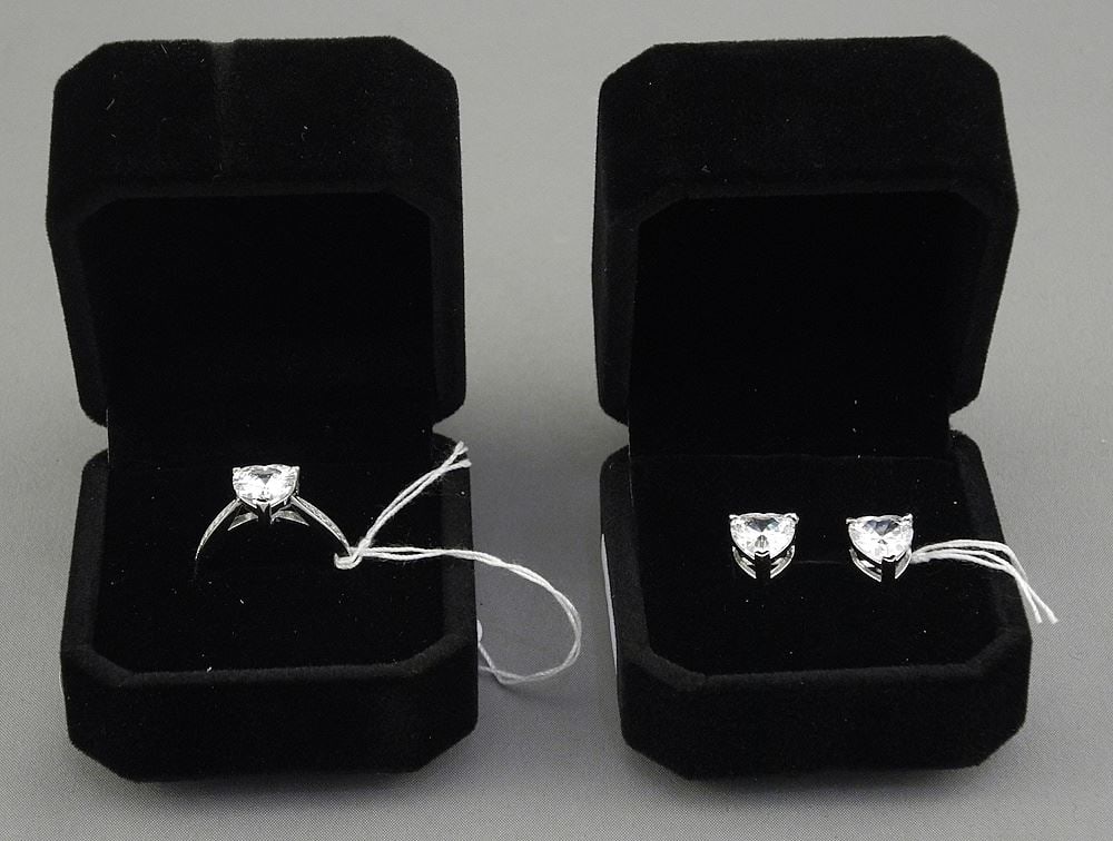 CZ Heart Cut Chanel Ring, Size 7, & Earrings Mounted in Sterling with White Gold Overlay. (1 of 2)