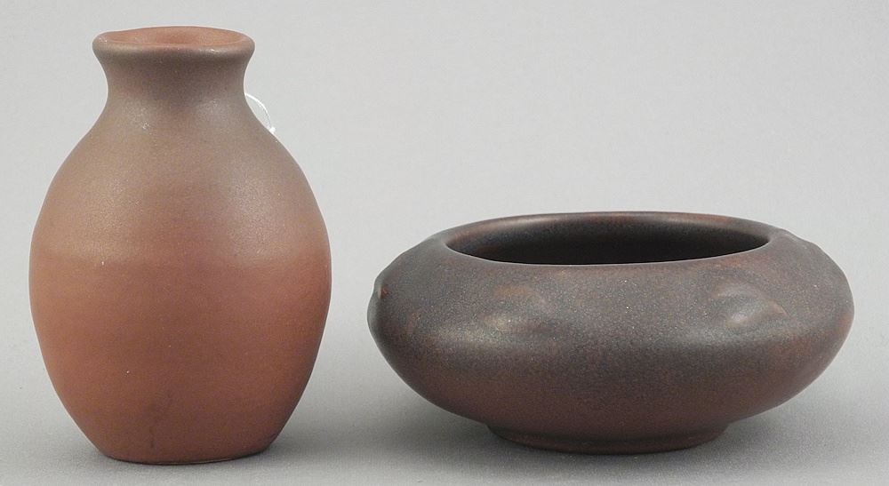 Van Briggle Dish (3 7/8" diam.) & Vase, 3 1/8"h. (1 of 2)