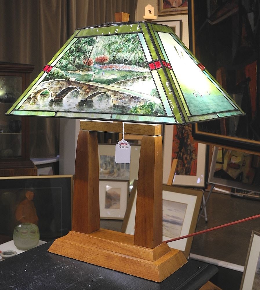 Doubler Pillar Table Lamp with Hand Printed "Golf" Shade. (1 of 4)