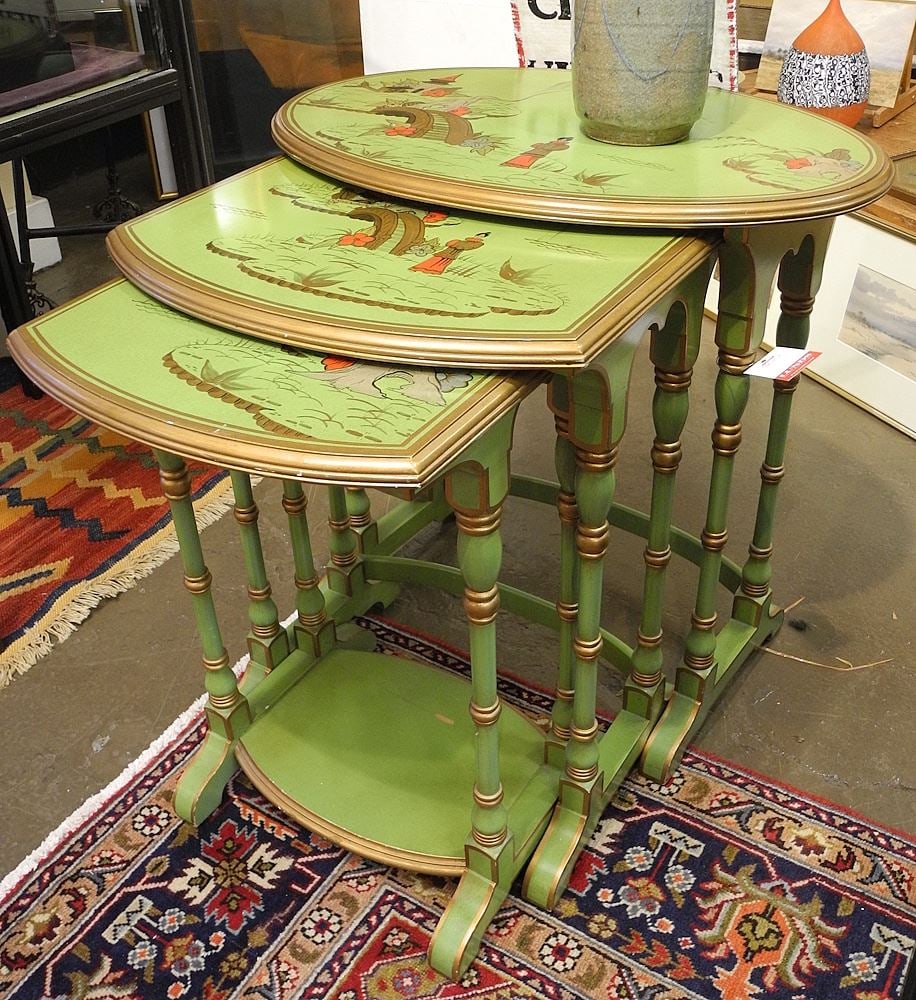 Trio of Green Chinoiserie Nesting Tables, 24"h. (1 of 2)