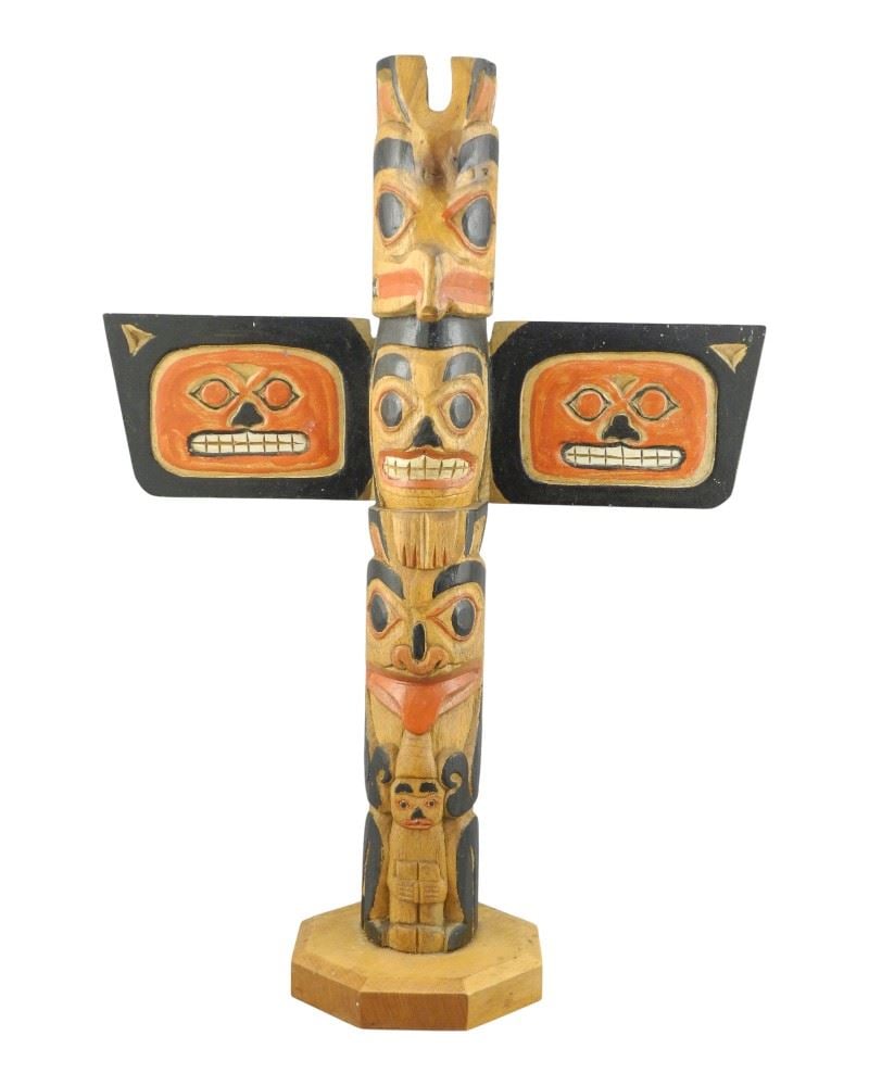 Northwest Coast Model Totem Pole signed Victor Alexander, 15 1/8"h. (1 of 3)