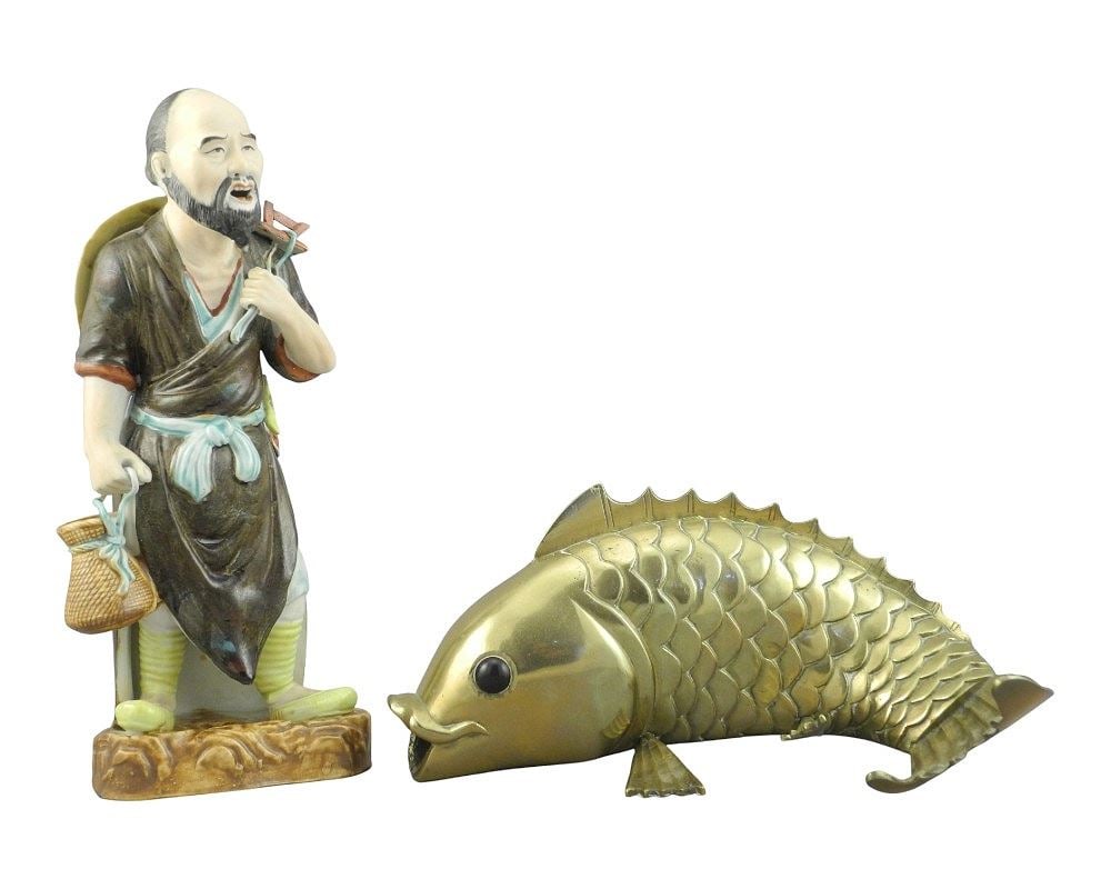Chinese Porcelain Figure (9"h) & A Brass Carp, 8 1/4"L. (1 of 3)