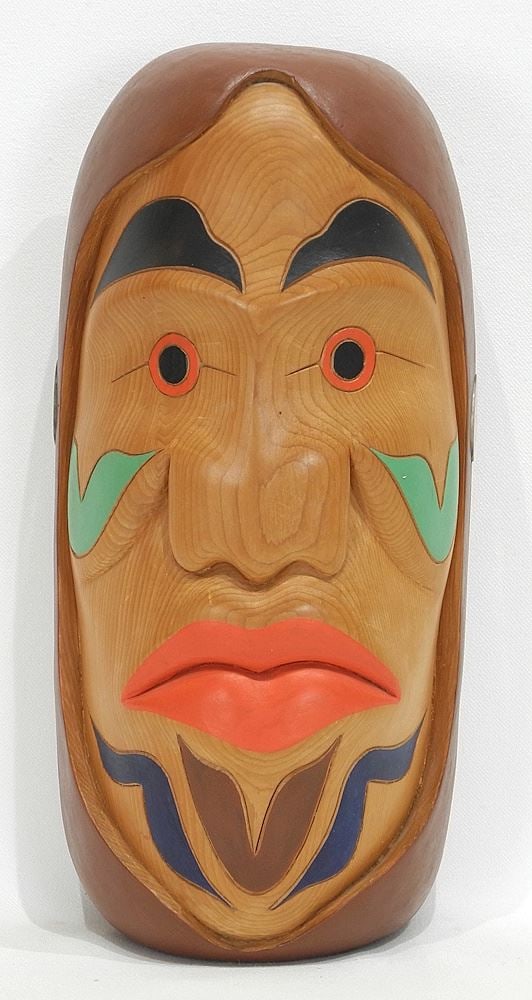 Squamish Carving signed Greg Joseph, 12"h, "Ceremonial Potlatch Mask.: Squamish Carving signed Greg Joseph, 12"h, "Ceremonial Potlatch Mask.