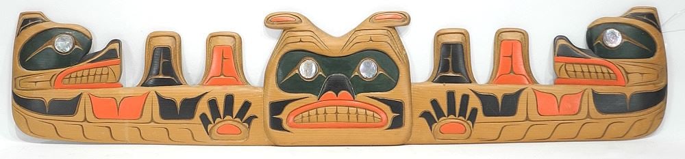 Coast Salish Panel signed John Muehlfarh, 34 1/2"w, "Two Headed Sea Serpent & Wild Man...". (1 of 2)