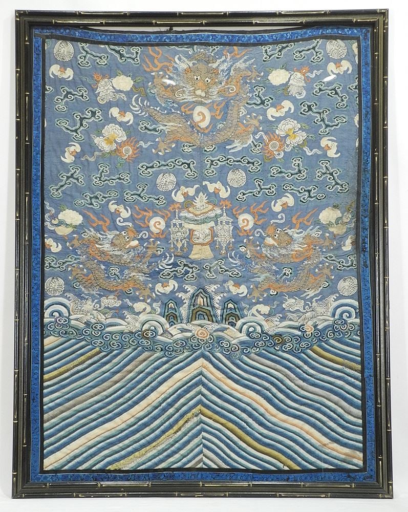 18th C. Qing Embroidered Robe Fragment, Framed, 35 x 26 1/2". (1 of 1)