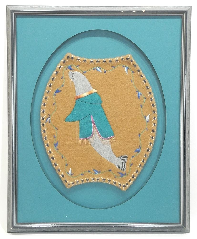 Inuit Stretched Hide Style Felt Embroidery by Veronica Manilak, 15 3/4 x 13 1/2". (1 of 3)