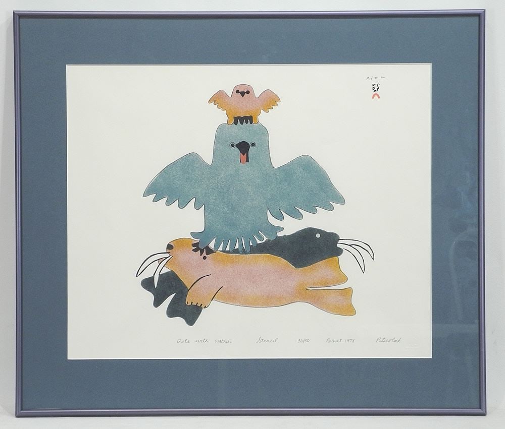 Stencil signed Pitseolak, 17 x 21", "Owls with Walrus" #36/50, 1978.: Stencil signed Pitseolak, 17 x 21", "Owls with Walrus" #36/50, 1978.