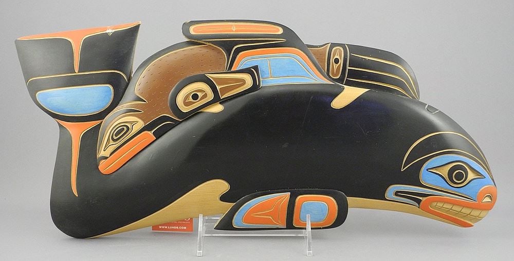 Squamish Plaque signed Ted Baker'88, 16"w, "Killer Whale & Seal" (scuff noted).: Squamish Plaque signed Ted Baker'88, 16"w, "Killer Whale & Seal" (scuff noted).