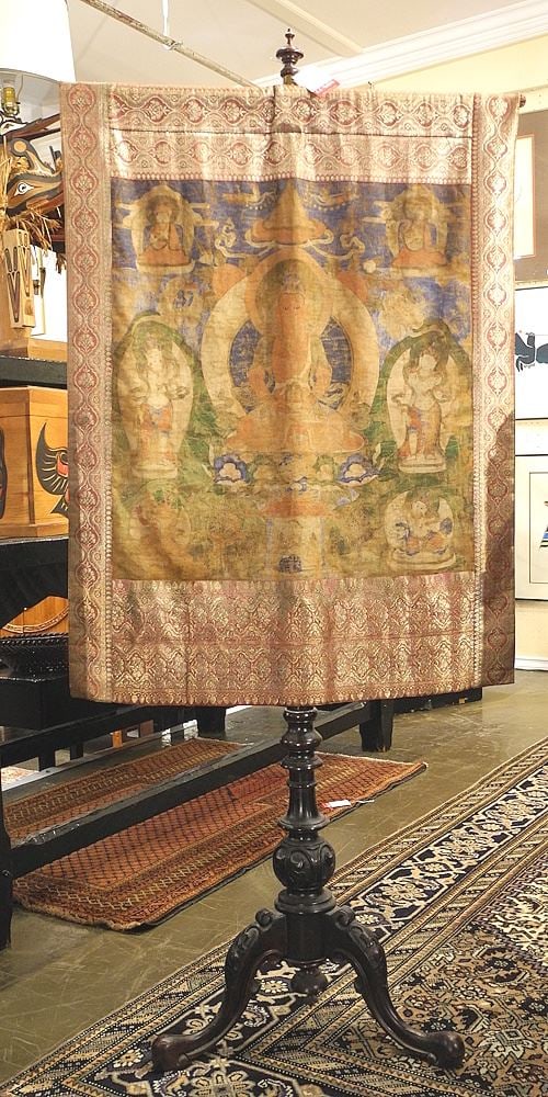 Old Tibetan Thangka (sight 23 x 21") Mounted on Victorian Pole, 60"h. (1 of 8)