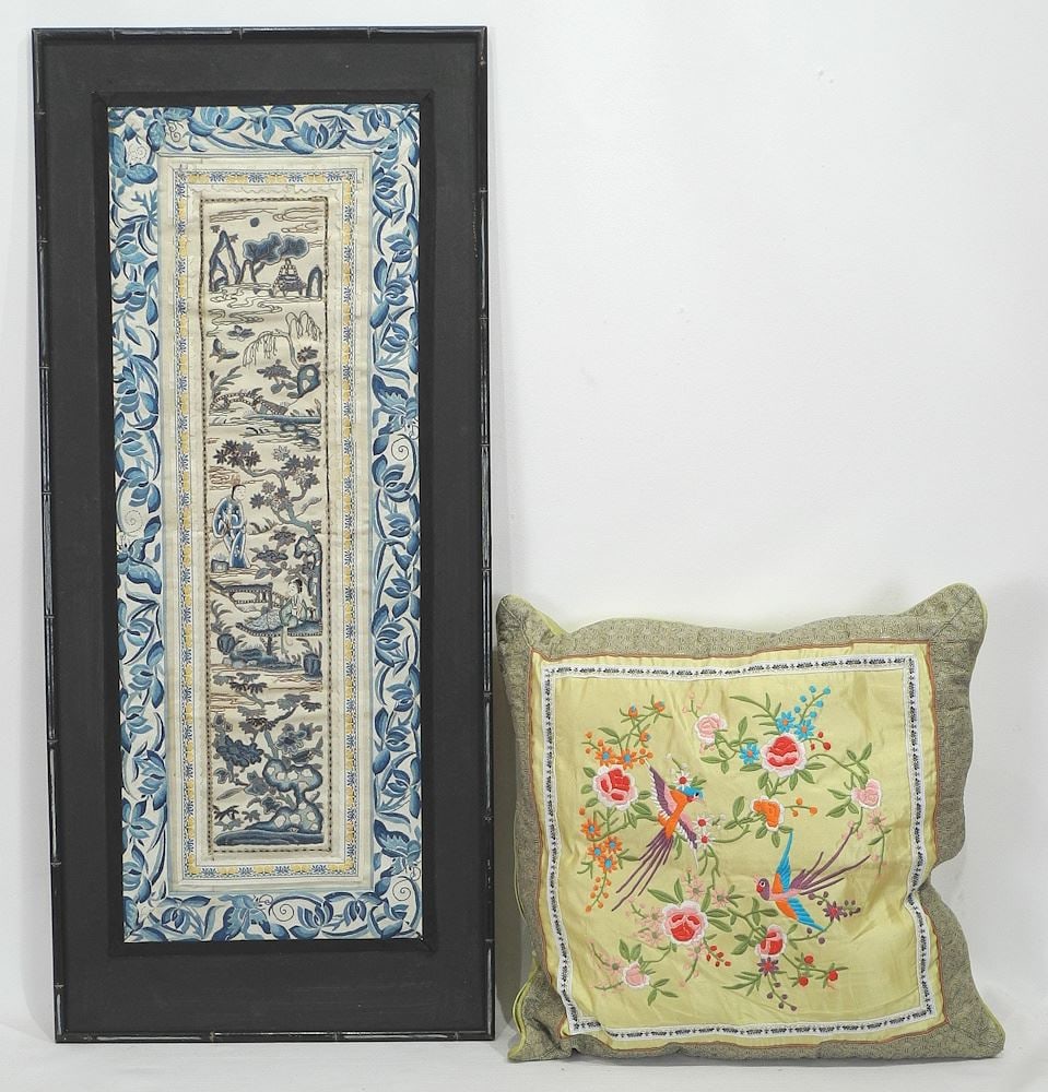 Chinese Silk Embroidery Panel (26"h) & Cushion, 13 1/2"w.: Chinese Silk Embroidery Panel (26"h) & Cushion, 13 1/2"w.