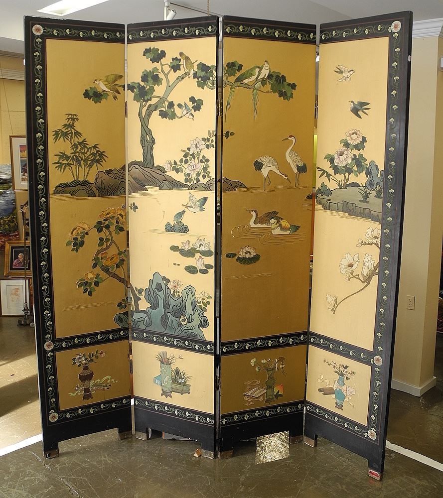 Chinese Gilt Interior & Black Lacquer Four Panel Screen, Each Panel 72 x 16". (1 of 4)