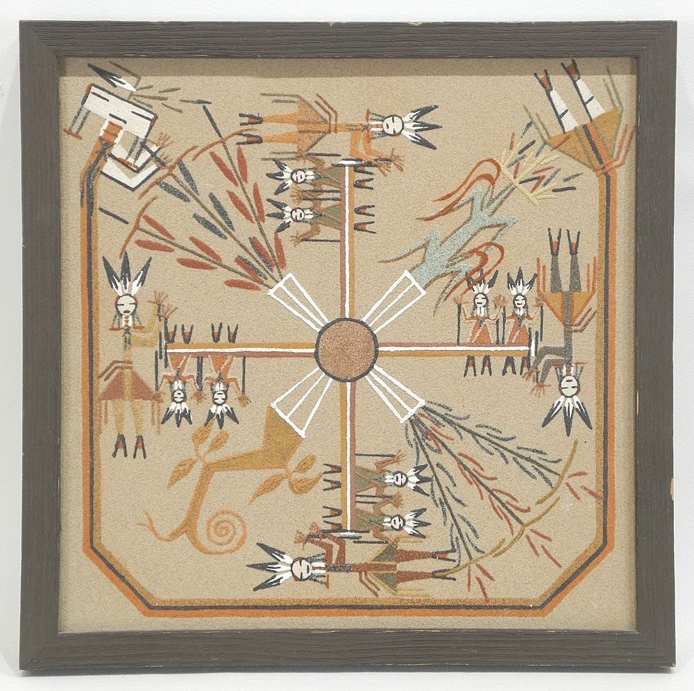 Navajo Sand Painting by Foster, 11 3/4 x 11 3/4", "Nine Days Ceremony...".: Navajo Sand Painting by Foster, 11 3/4 x 11 3/4", "Nine Days Ceremony...".