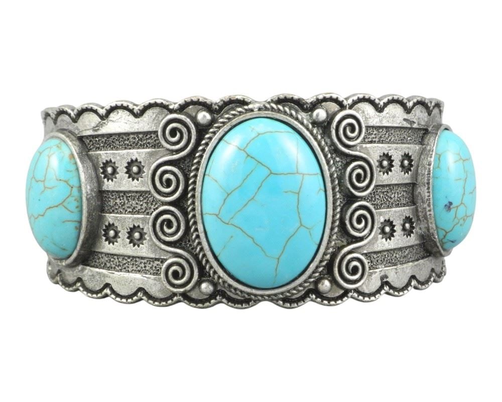 Southwest Style White Metal Cuff Bracelet, 2 1/2"w with Turquoise Cabochons. (1 of 3)