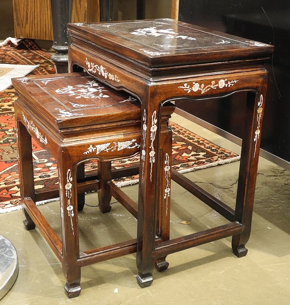 Two Chinese Inlaid Rosewood Nesting Tables, 14 & 18"h.: Two Chinese Inlaid Rosewood Nesting Tables, 14 & 18"h.