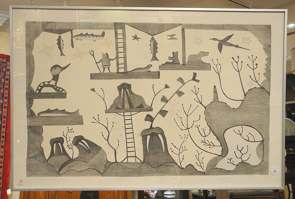 Dorset Lithograph signed Pudo (Pudlat) 1976, 23 x 35", "Timia & Nunamitut #24/50, w/Bookle: Dorset Lithograph signed Pudo (Pudlat) 1976, 23 x 35", "Timia & Nunamitut #24/50, w/Bookle