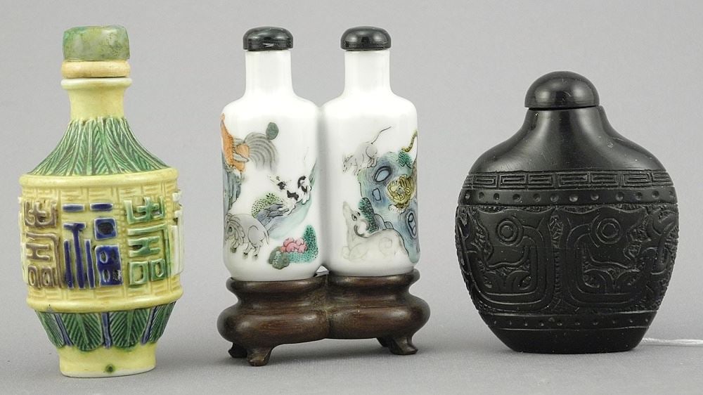 Three Chinese Snuff Bottles, One on Stand, 2 3/8 - 3"h. (1 of 8)
