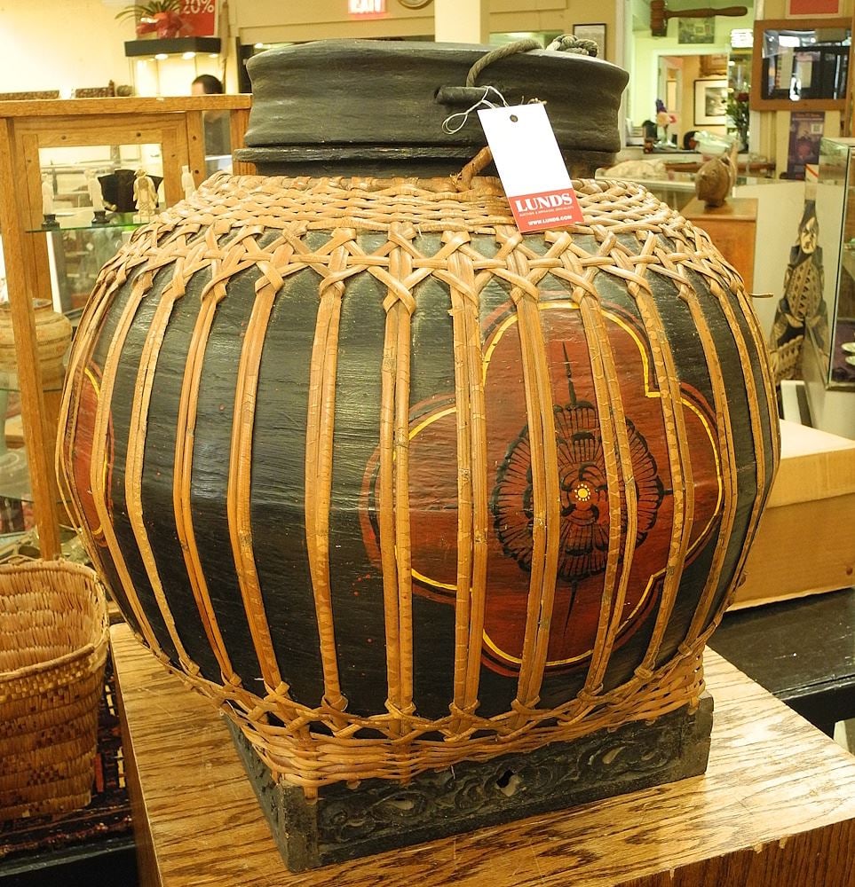 Chinese Wicker Wrapped Lacquer Storage Vessel, 17"h (condition noted). (1 of 2)
