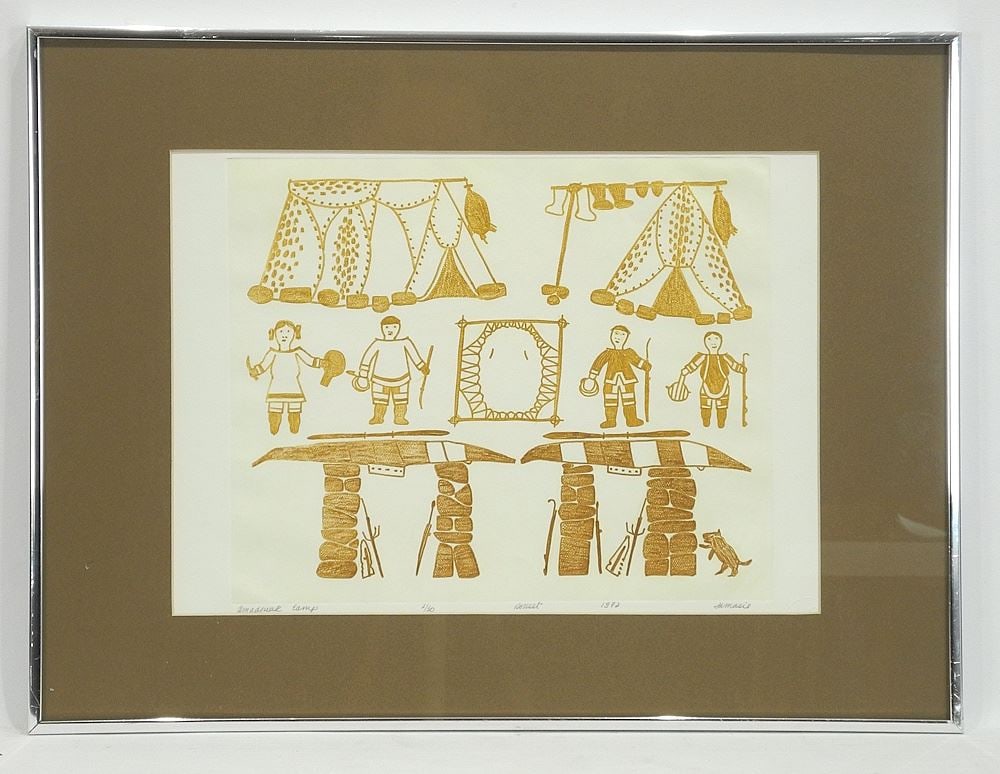 Engraving signed Jamasie (Teevee), Plate 9 3/4 x 11 3/4", "Amadjuak Camp" 1972 #2/50. (1 of 3)