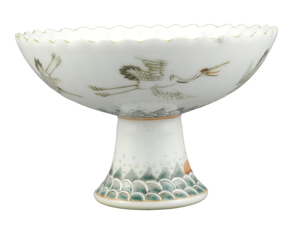 Chinese Porcelain Chrysanthemum Shaped Enameled Stem Cup with Daoguang Mark, 4"h. (1 of 8)