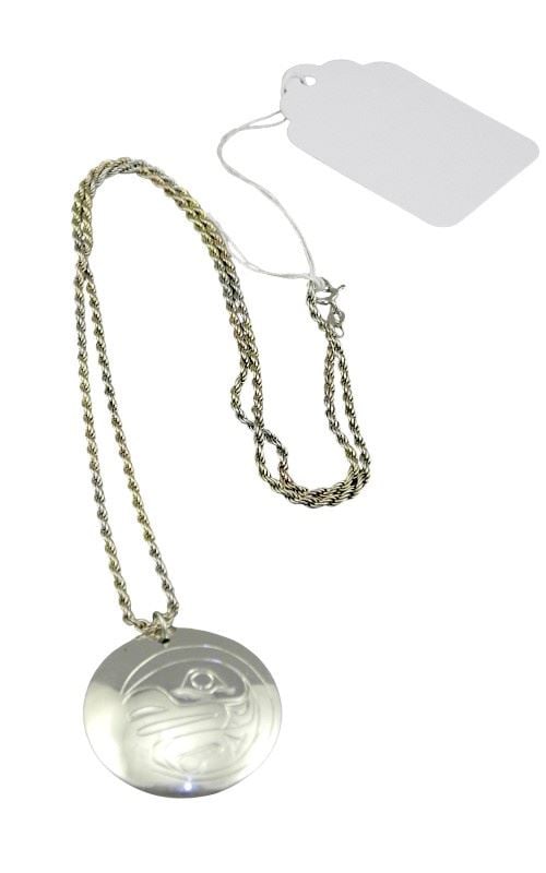 Northwest Coast Silver Pendant Monogrammed RMC, 1 1/8" Diameter, 20" Chain, 10.7g.: Northwest Coast Silver Pendant Monogrammed RMC, 1 1/8" Diameter, 20" Chain, 10.7g.
