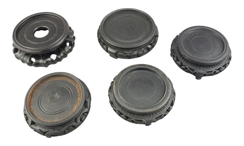 Collection of Five Small Vintage Oriental Hardwood Stands, Largest 5". (1 of 2)