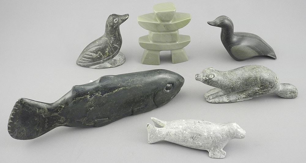 Collection of Amuletic Inuit Stone Carvings & Fish, Largest 8 5/8"L.: Collection of Amuletic Inuit Stone Carvings & Fish, Largest 8 5/8"L.