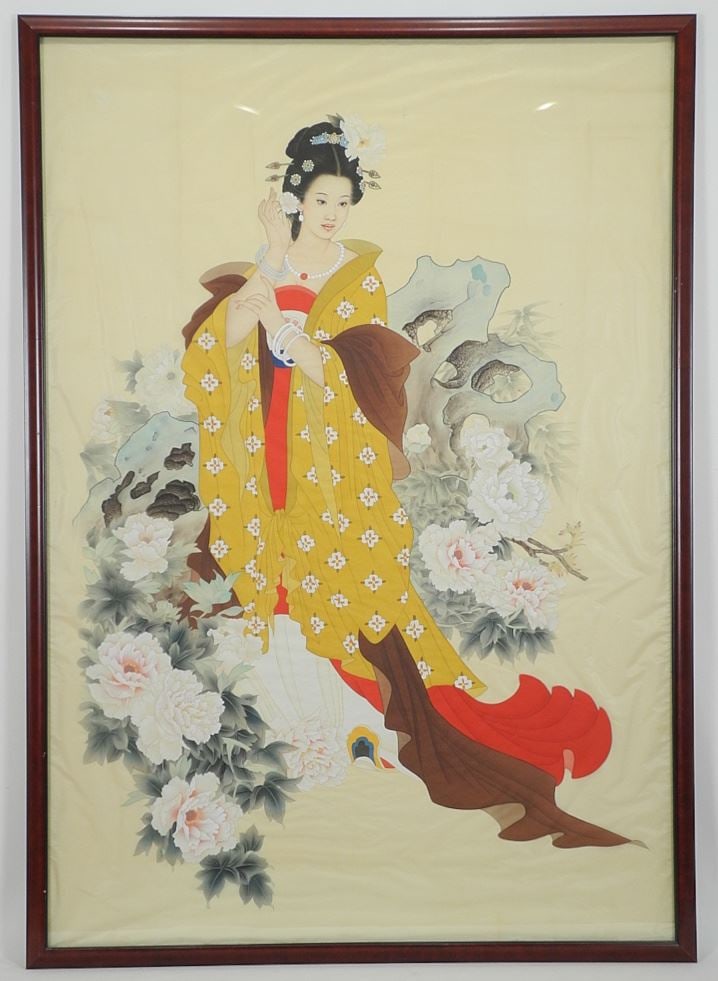Five Chinese Ink & Colour on Silk, 43 x 30", "Beauties in Garden Settings", 2 Scrolls, 3 Fr (1 of 7)