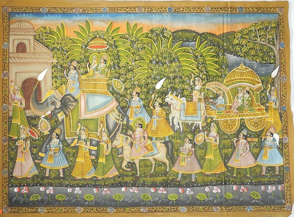 South Asian Mughal Procession Textile Panel, 45 x 60". (1 of 2)