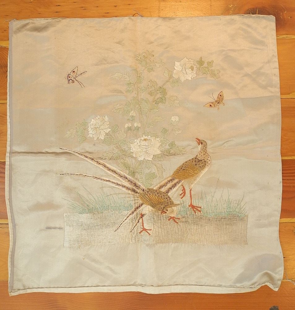 Chinese Silk Embroidery of Pheasants & Butterflies, 24v x 24".: Chinese Silk Embroidery of Pheasants & Butterflies, 24v x 24".
