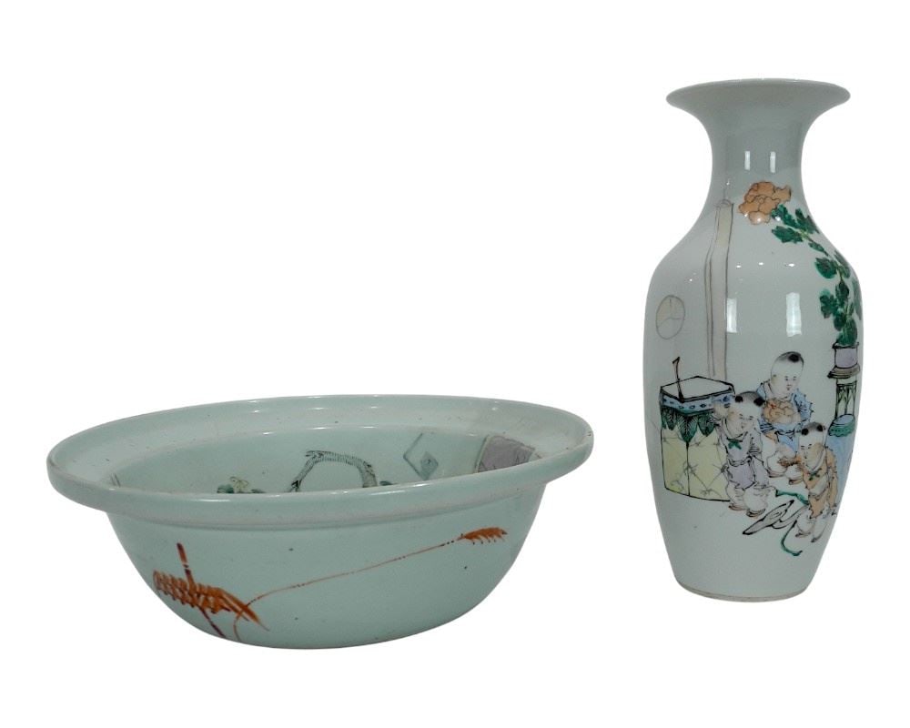 Two Chinese Porcelain Items: Vase (10 1/4"h) & Everted Rim Bowl, 11" Diameter. (1 of 5)