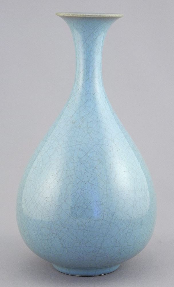 Chinese Robins Egg Crackel Glaze Vase (9 3/4") with Fitted Case. (1 of 4)