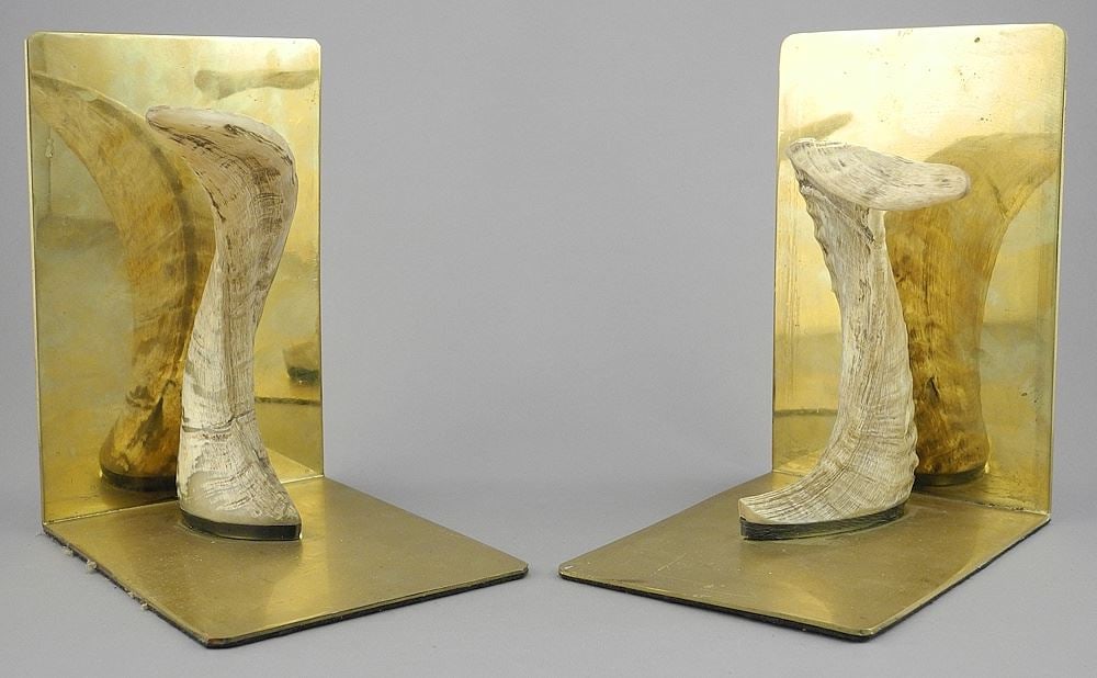 Pair of Brass & Rams Horn Bookends, Each 7 5/8 x 4 5/8 x 6 1/4". (1 of 3)