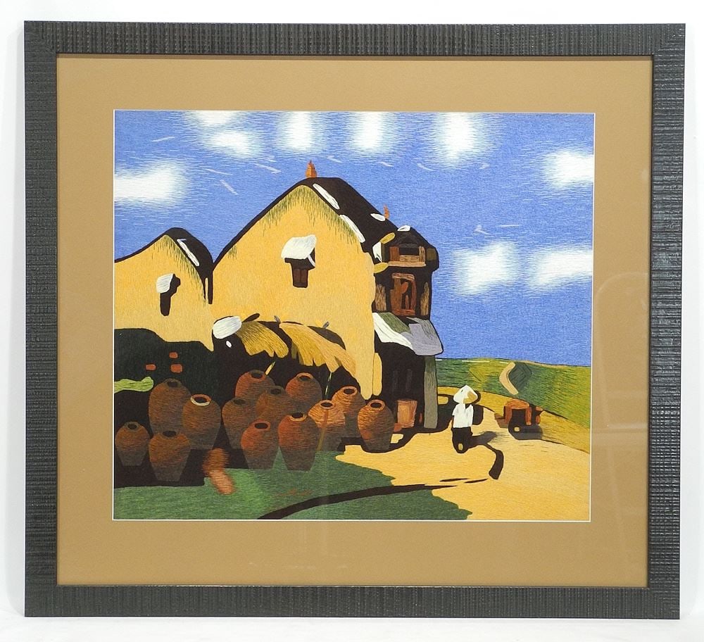 Silk Embroidered Panel by Chan-Thien -My, 20 x 23 3/4", "Pottery Shed".: Silk Embroidered Panel by Chan-Thien -My, 20 x 23 3/4", "Pottery Shed".