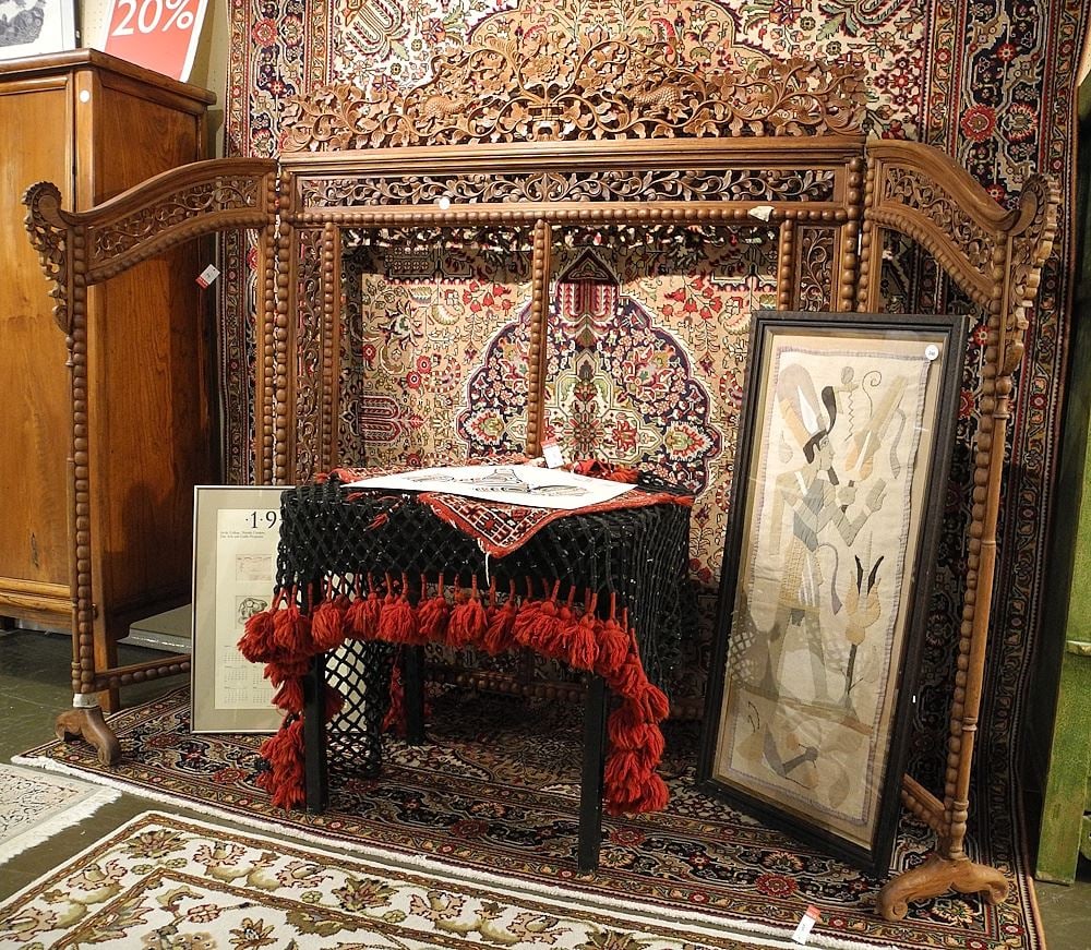 Indonesian Carved Wood Partitioning Rack, 74 x 66".: Indonesian Carved Wood Partitioning Rack, 74 x 66".