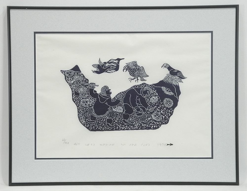 Stone Cut by Lucassie Echalook, 11 3/4 x 16 1/2", "2 Men Picking Seagull Eggs" 1975 #22/40. (1 of 3)