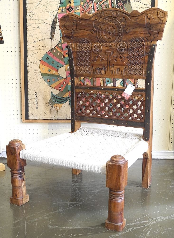Pakistan Carved Wood Low Chair.: Pakistan Carved Wood Low Chair.