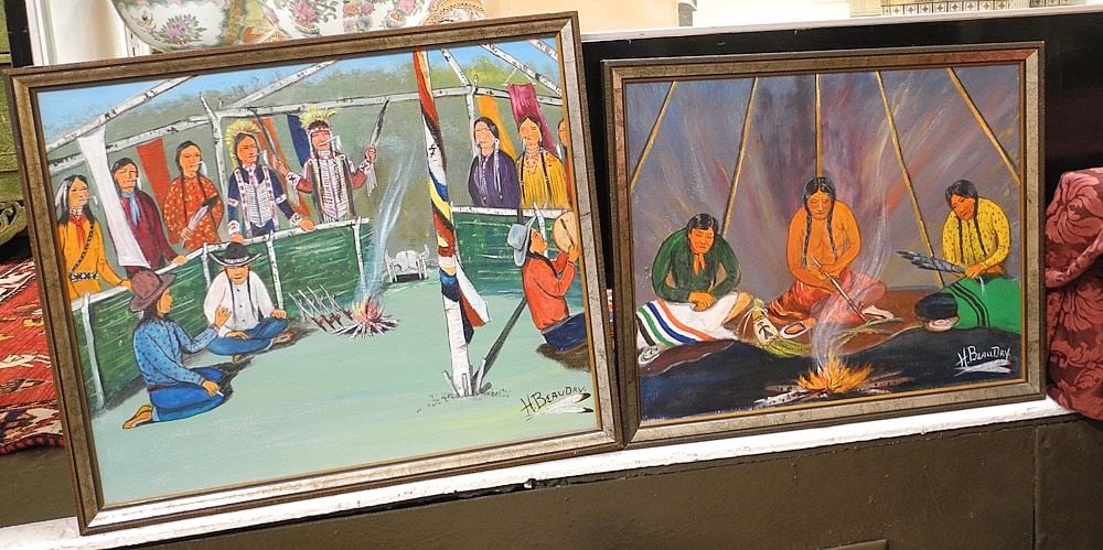 Two Oil on Canvas signed H. (Henry) Beaudry, Larger 18 x 22", "Peyote Meeting" & "Pipe Ceremony" (1 of 1)
