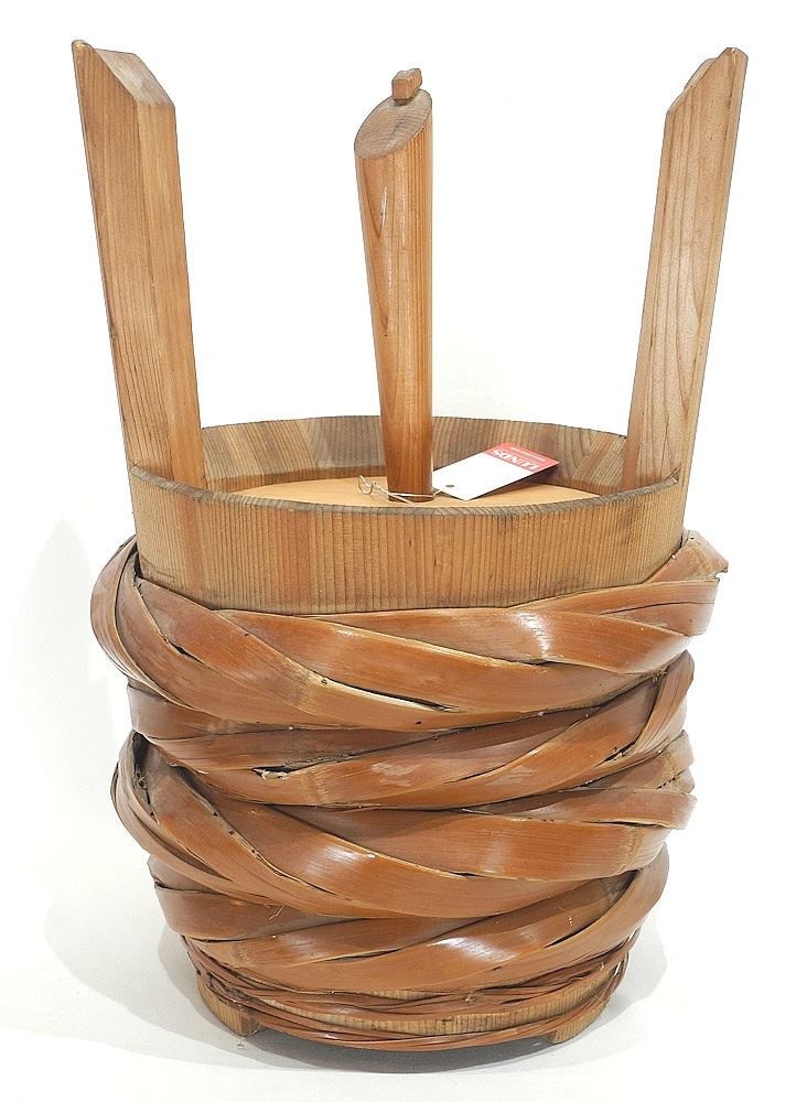 Japanese Pine & Woven Fibre Covered Pail, 18 1/8"h.: Japanese Pine & Woven Fibre Covered Pail, 18 1/8"h.