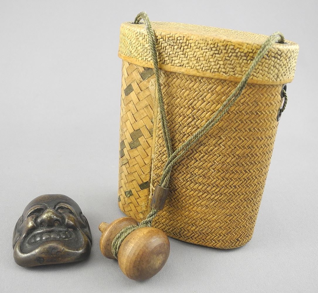 Japanese Basketry Tonkotsu Sagemono with Bronze "Noh Mask" Netsuke. (1 of 4)
