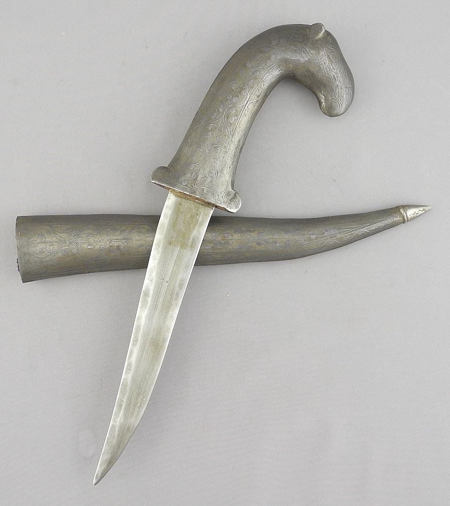 Laotian Bone Handle, Metal Scabbard Knife, 11 1/2"L.: Laotian Bone Handle, Metal Scabbard Knife, 11 1/2"L.
