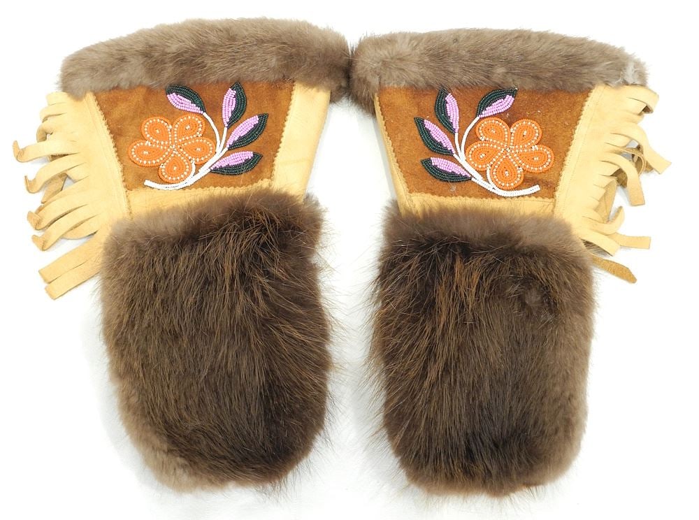 Pair of Beaded Fur Trimmed Gauntlets , 14"L, CANADIAN BIDDERS ONLY.: Pair of Beaded Fur Trimmed Gauntlets , 14"L, CANADIAN BIDDERS ONLY.