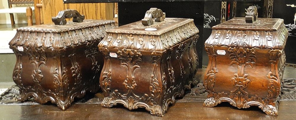 Three South East Asian Mahogany Jewelry Boxes, 9 x 12 x 7".: Three South East Asian Mahogany Jewelry Boxes, 9 x 12 x 7".