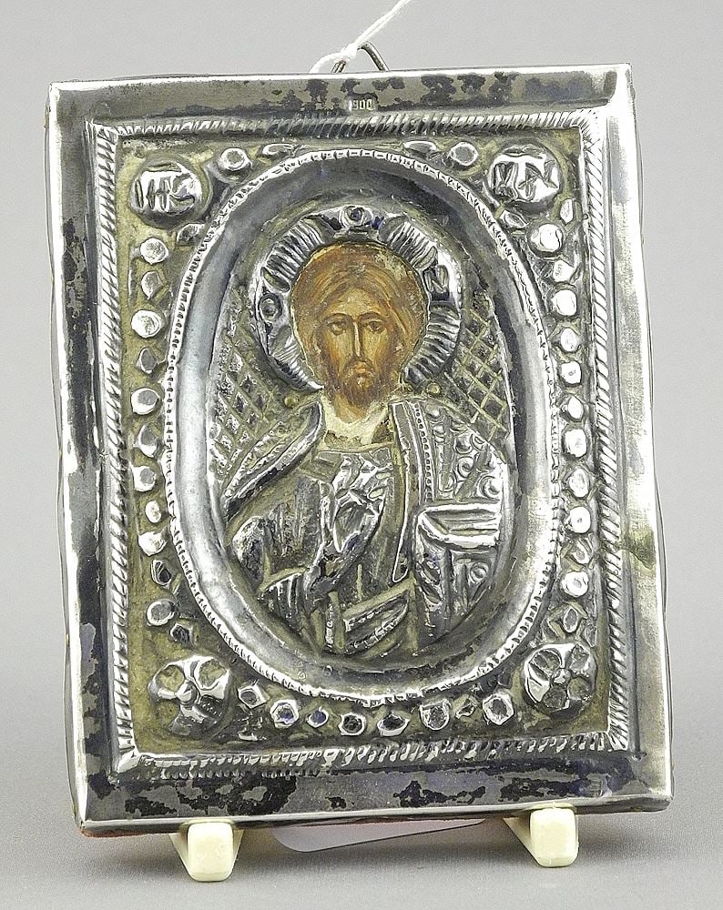 Russian Icon of Christ in .900 Silver (marked) Frame, 3 1/2 x 2 7/8 ". (1 of 3)
