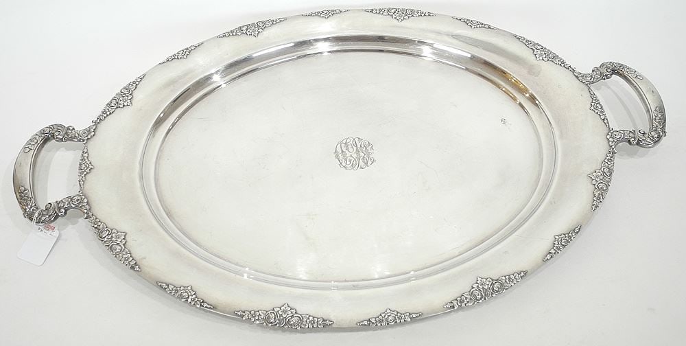 Wallace Sterling Mounted Serving Tray, 27"w, C.1950. (1 of 6)